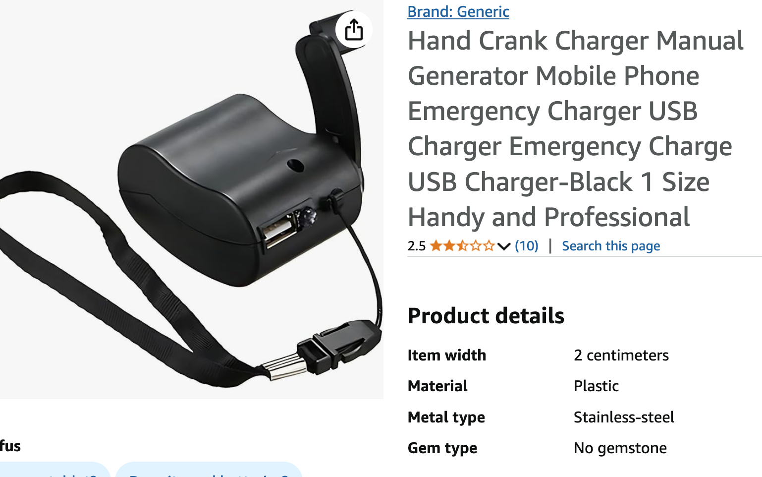 An amazon listing for a hand crank phone charger that lists Gem type: No Gemstone