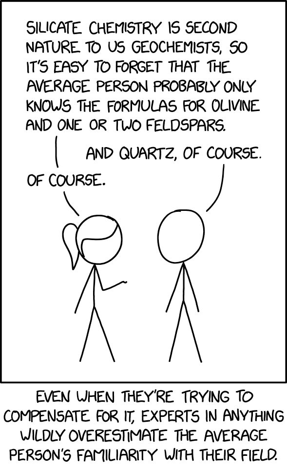 XKCD comic 2501. A cartoon character assumes that the average person is more familiar with their scientific field then is reasonable to assume. The caption reads: Even when they're trying to compensate for it, experts in anything wildly overestimate the average person's familiarity with their field